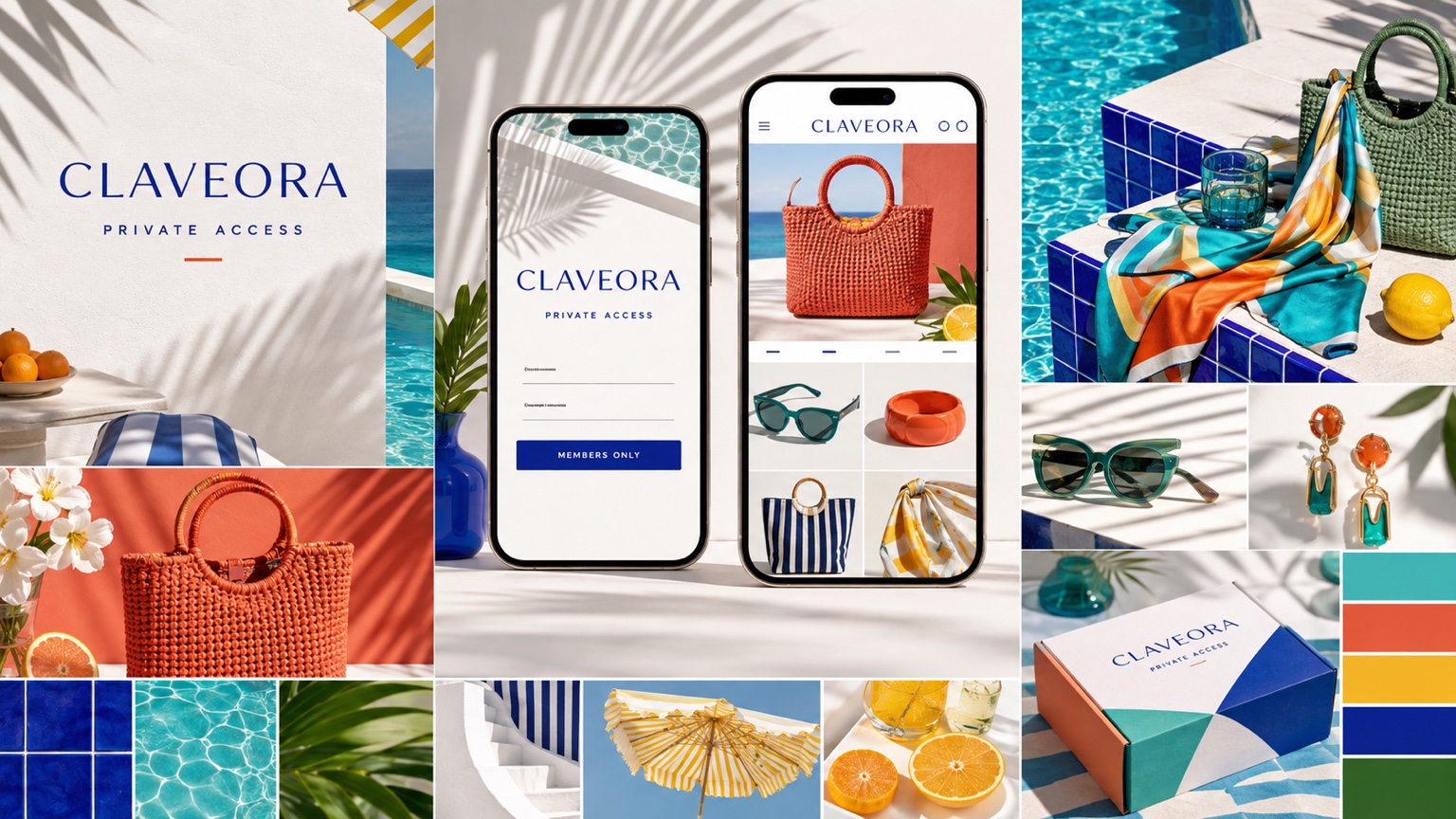 Bolsos y accesorios coloridos junto a una piscina, bajo luz mediterránea